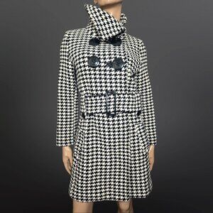 Soia & Kyo Houndstooth Belted Coat Size M Mod 60s Style Black White Wool Blend